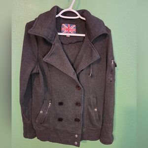 Miss London Gray Hooded Peacoat Jacket XL Double Breasted Military Style